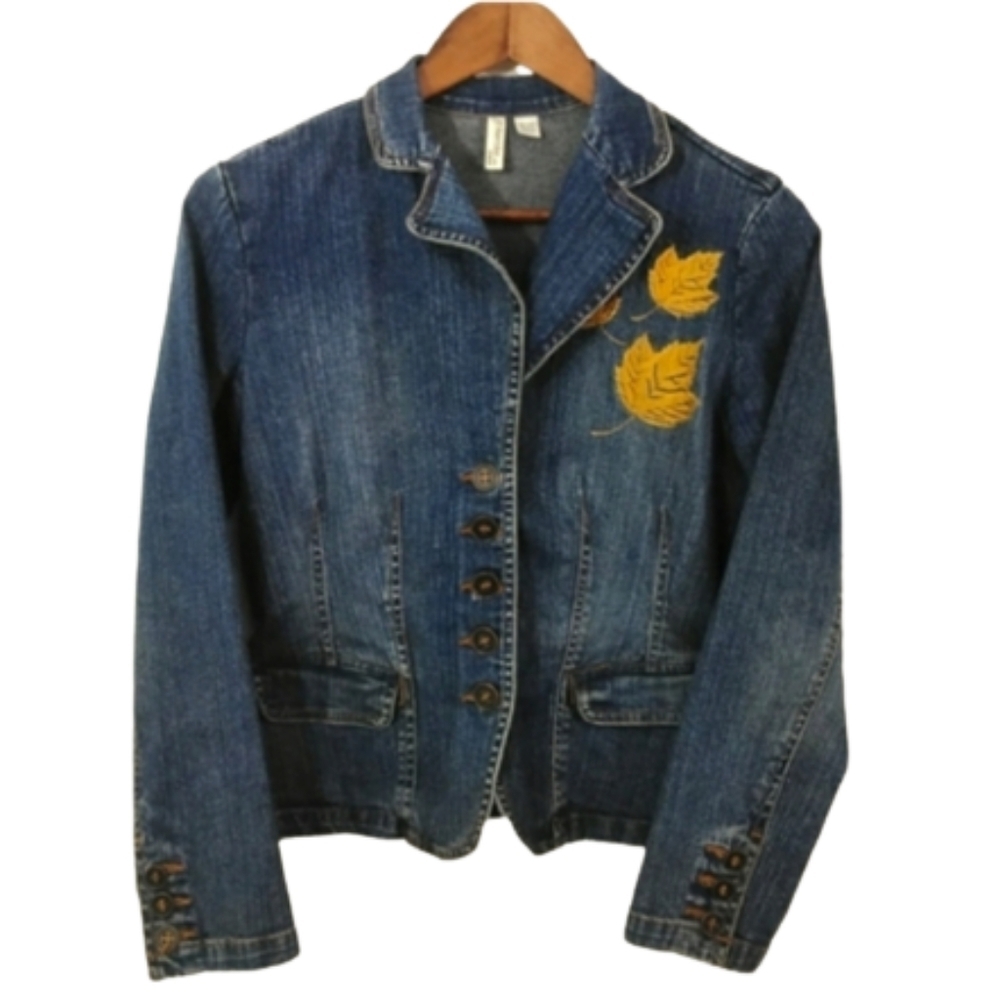St. John's Bay Petite Stretch Gold Embroidered Blue Jean Jacket Button-down Coat